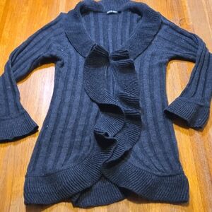 Domani Women LG Gray Charcoal Ruffled Open Front Knitted Bell Cuff BOHO Cardigan